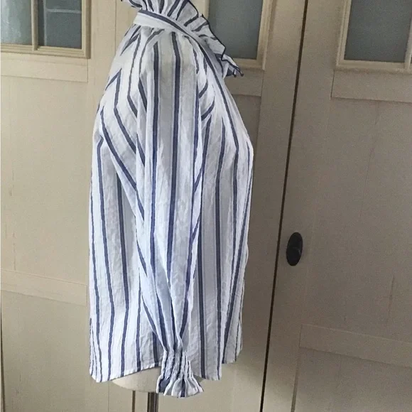 Finley Fiona Ruffle High Neck Blouse Blue/White Striped XS 100% Cotton - Picture 6 of 10